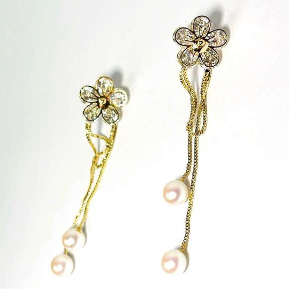 other Jewelry - 18k Gold Plated White Pearl Tassel Long Dangle Earrings Flower Crystal 2Inch